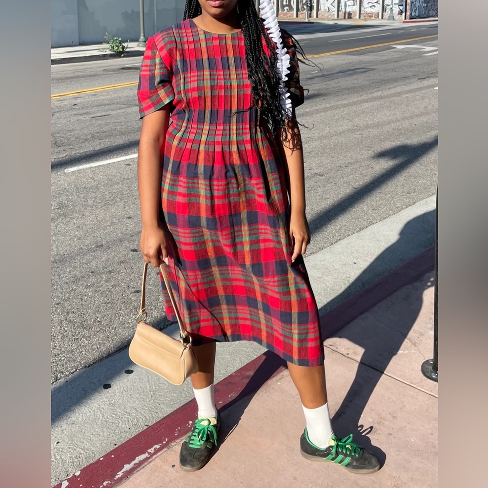 Classic Red Plaid Short-Sleeve Shift Dress Linen Cotton L